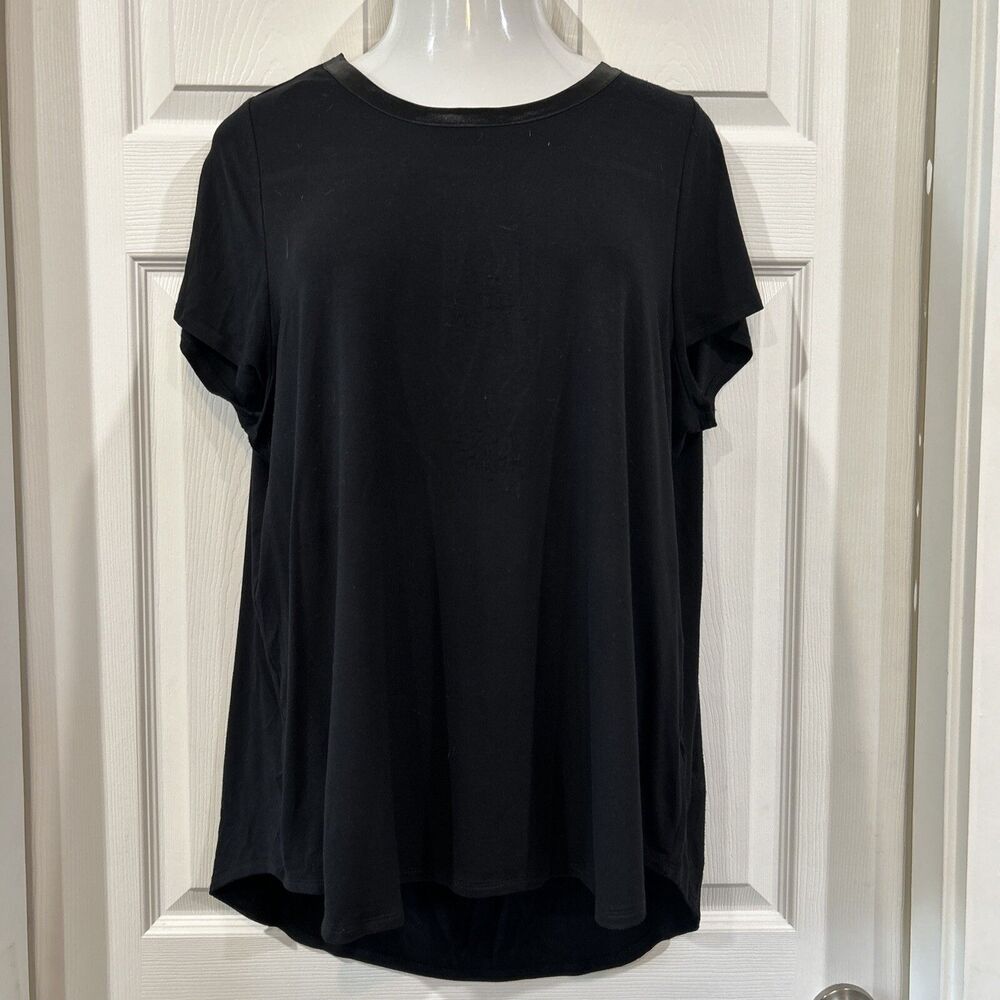Premise Black Satin Trim Stretchy Rayon Shirt Blouse Top Rounded Hemline Plus 1X
